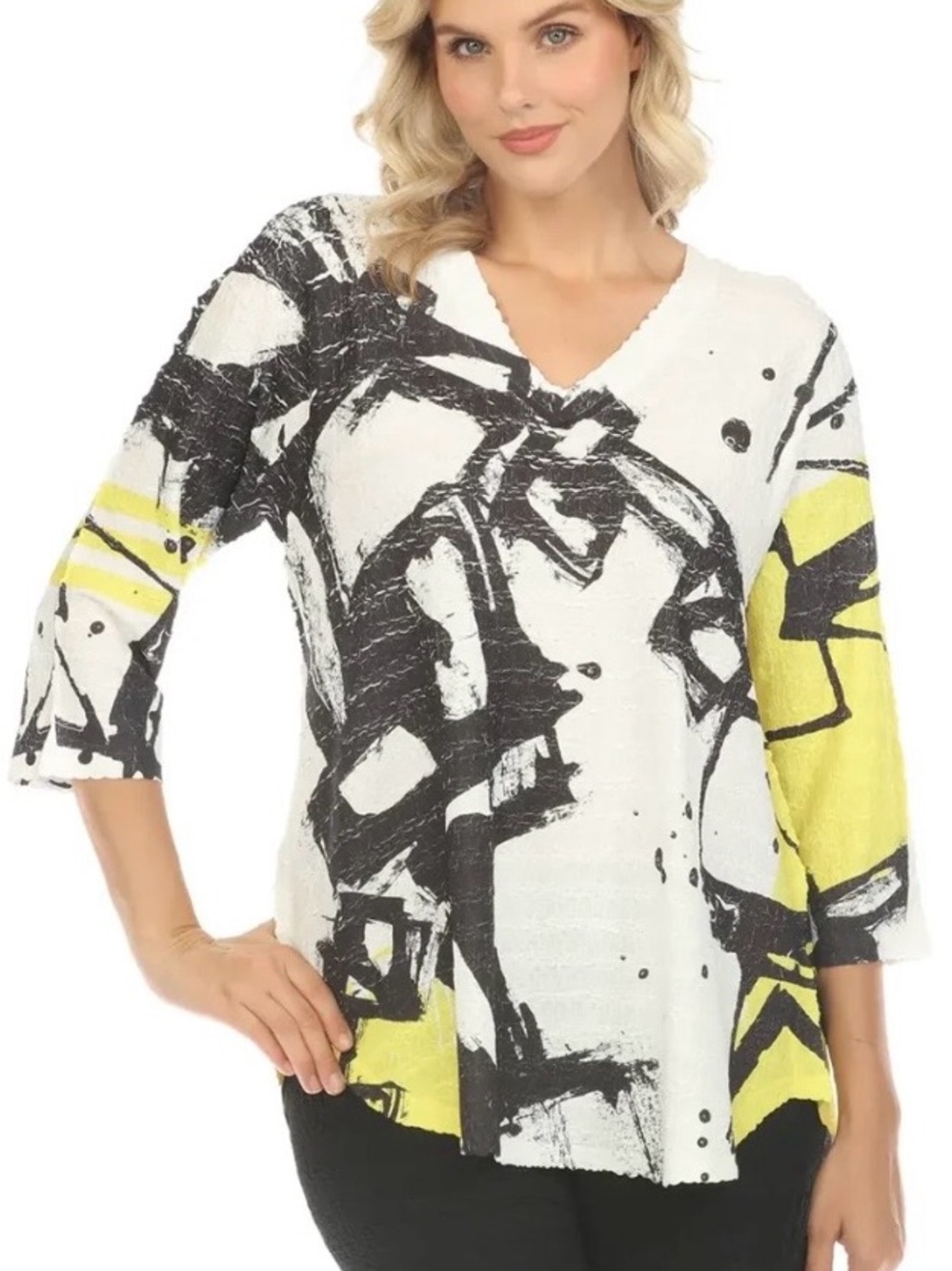 Abstract Brushstroke V-Neck Tunic in White, Black & Yellow
